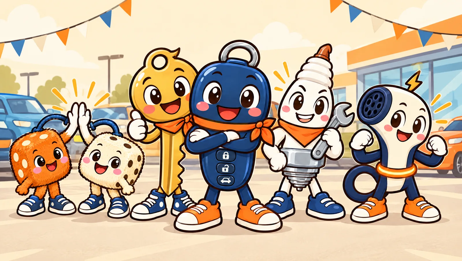 The crew: two fuzzy dice, a brass key, Kip the key fob, a spark plug and an EV charger, standing on a dealership lot
