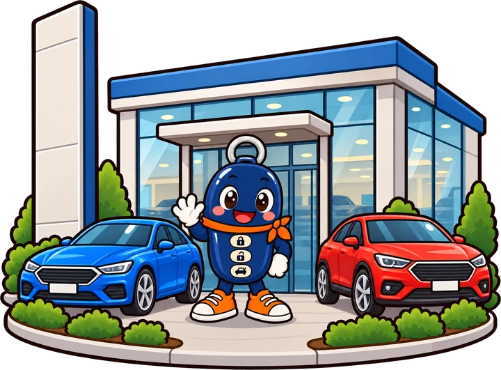 Kip the key fob waving outside a glass new-car showroom