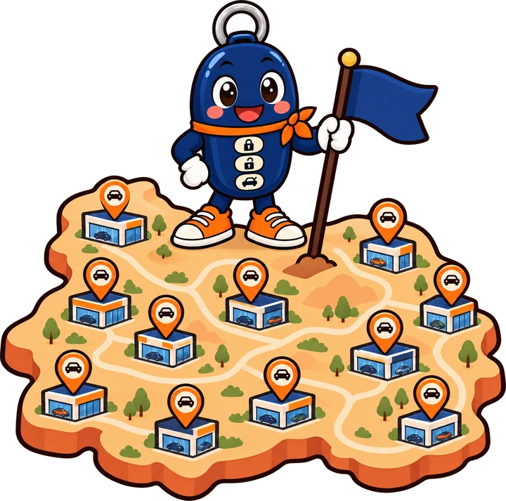 Kip the key fob planting a flag on a map dotted with dealership pins